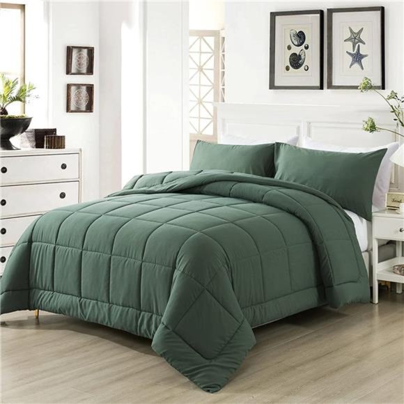 All Seasons Sage Green Bedding Comforters Set w 2 Pillow Cases -3 Pieces Bed Set - Picture 3 of 6